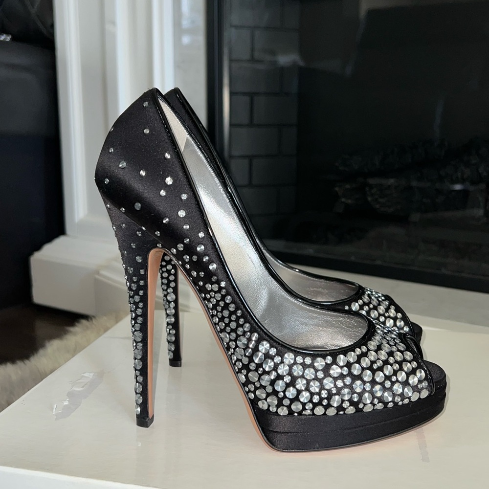 Casadei Black Studded Satin Peep-Toe Platform Pumps 7/ 7.5